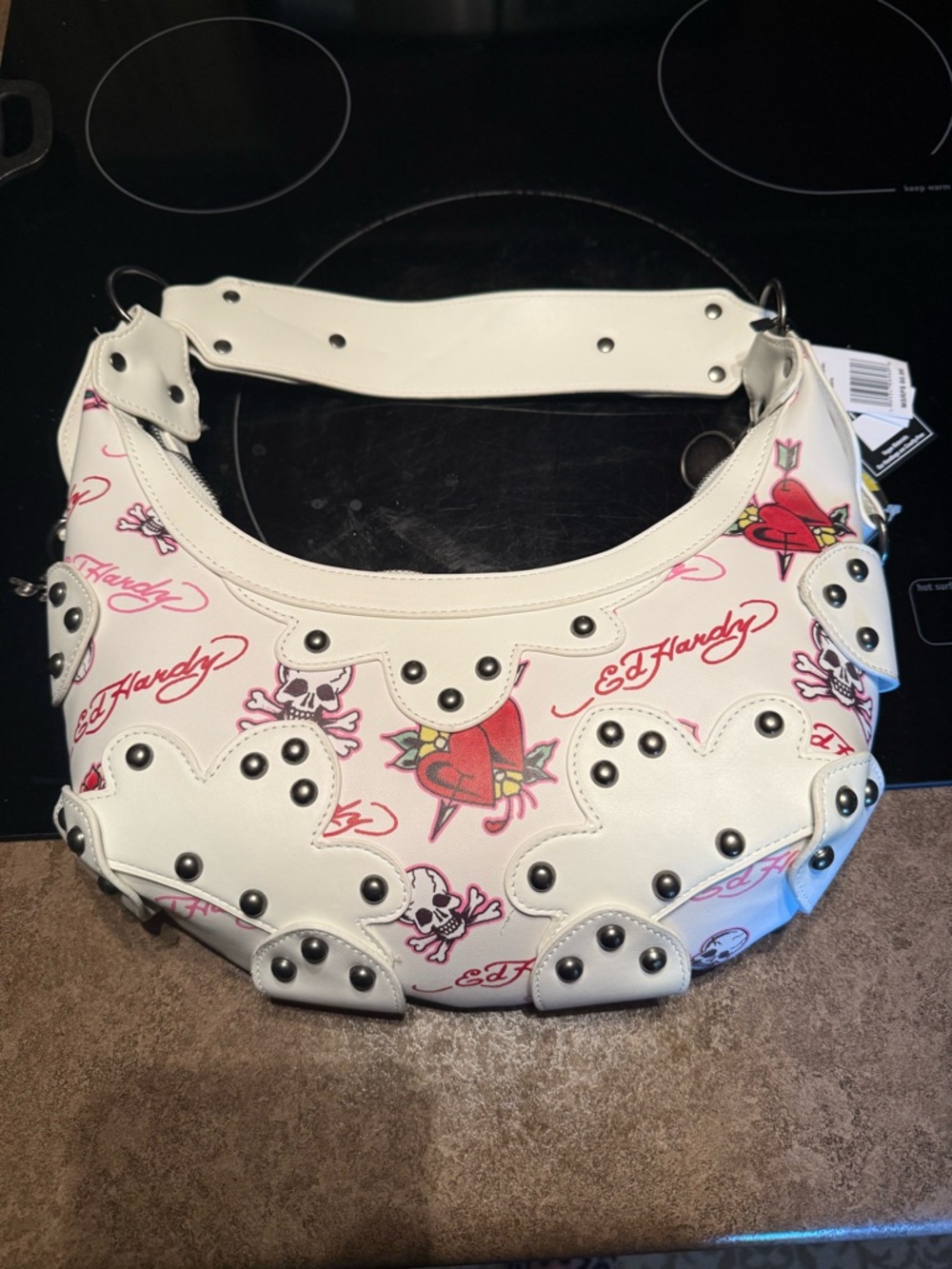 Ed Hardy White Studded Heart & Skull Shoulder Bag with Red Accents